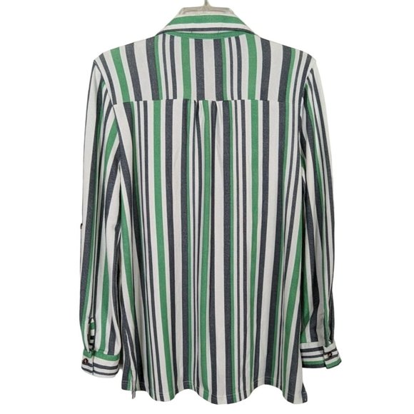 Robert Louis tab sleeve button‎ up green gray white stripe blouse size M - Picture 3 of 9
